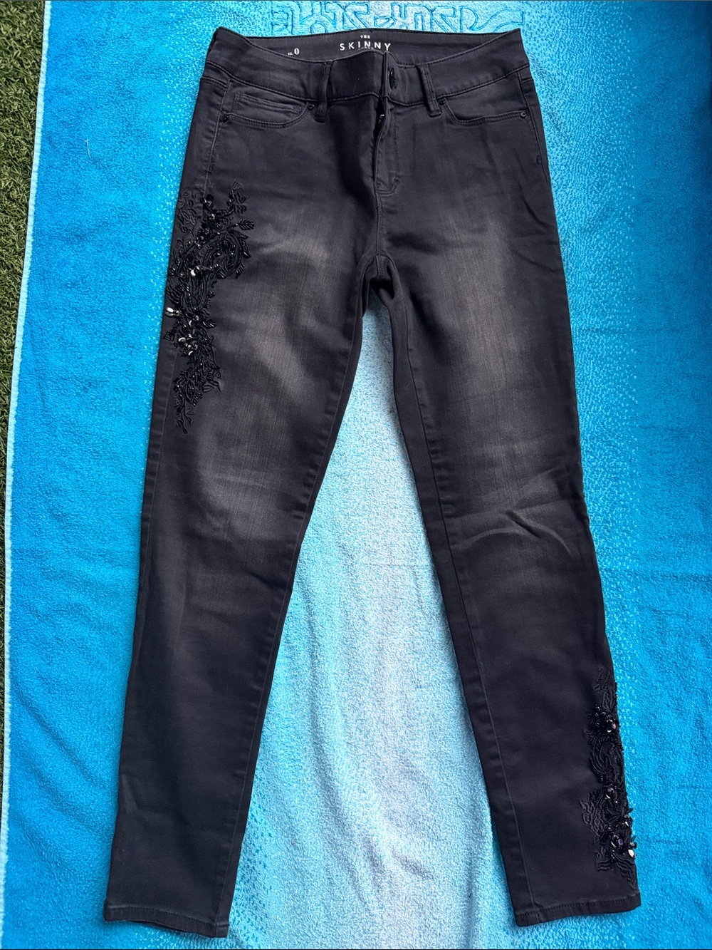 White House Black Market Classic Black Skinny ankle Jeans with Beaded Floral